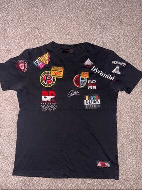Black Pyramid Black Short Sleeve Tee with Multicolor Logo Patches